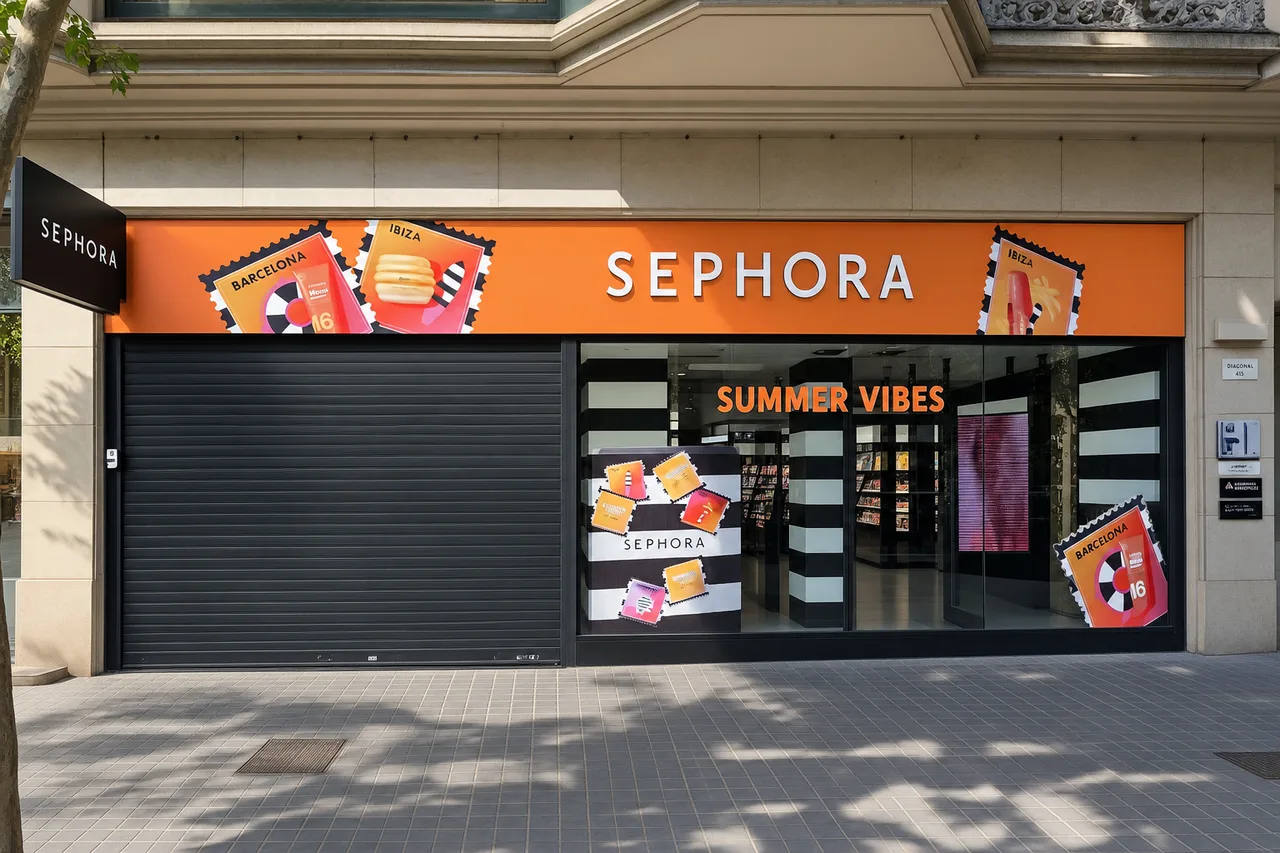 Fachada de Sephora con rótulo superior y gráfica de escaparate