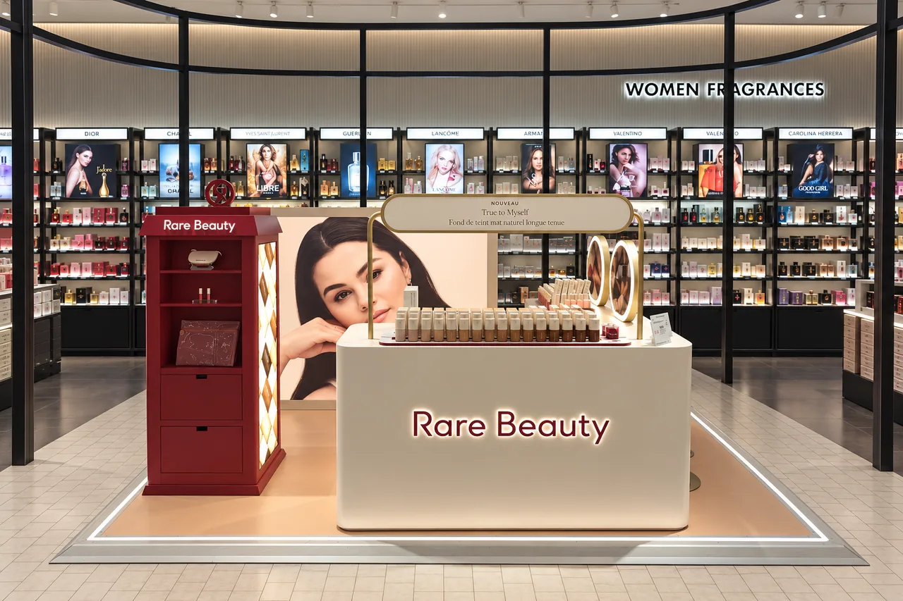 Isla promocional de Rare Beauty con mostradores, gráfica y exposición de producto